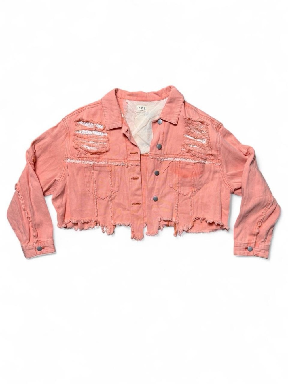 POL Endless Love Distressed Cropped Denim Jacket - Coral Pink